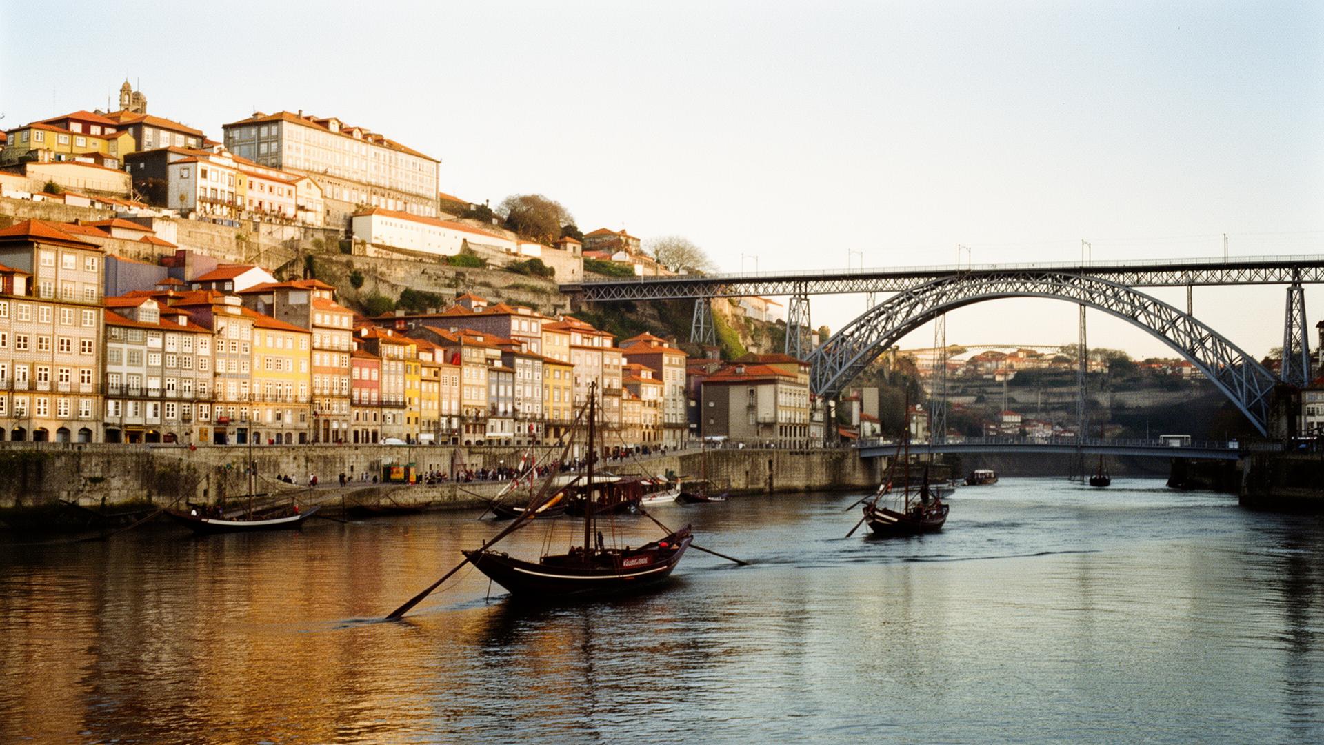 Porto's Ribeira waterfront and the iron Dom Luís I bridge over the Douro river, with traditional rabelo boats